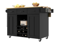 Isla central de cocina - carrito con ruedas y plancha extensible - 3 cajones y 2 puertas - Negro