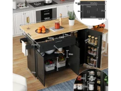 Isla central de cocina - con mostrador plegable - múltiples compartimentos de almacenamiento - Negro