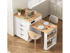 Isla central de cocina - mesa de comedor extensible - con iluminación LED - con toma de corriente - con ruedas y espacio de almacenamiento - Natural + Blanco