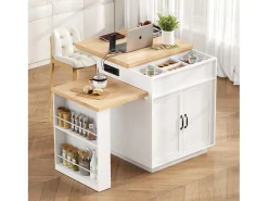Isla central de cocina - mesa de comedor extensible - con iluminación LED - con toma de corriente - con ruedas y espacio de almacenamiento - Natural + Blanco