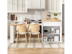 Isla central de cocina - mesa de comedor extensible - con iluminación LED - con toma de corriente - con ruedas y espacio de almacenamiento - Natural + Blanco