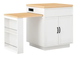 Isla central de cocina - mesa de comedor extensible - con iluminación LED - con toma de corriente - con ruedas y espacio de almacenamiento - Natural + Blanco