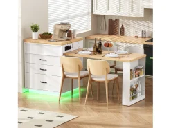 Isla central de cocina - mesa de comedor extensible - con iluminación LED - con toma de corriente - con ruedas y espacio de almacenamiento - Natural + Blanco
