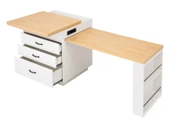 Isla central de cocina - mesa de comedor extensible - con iluminación LED - con toma de corriente - con ruedas y espacio de almacenamiento - Natural + Blanco