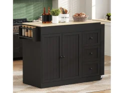 Isla central de cocina - mesa de comedor extensible - con 1 puerto USB y 1 puerto Type-C - con estante de especias y ruedas - Natural + Negro