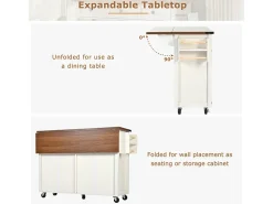 Isla central de cocina 4 puertas 2 cajones en MDF, con mesa plegable y 5 ruedas, Blanco - 140x45/73x93cm