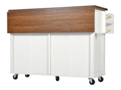 Isla central de cocina 4 puertas 2 cajones en MDF, con mesa plegable y 5 ruedas, Blanco - 140x45/73x93cm