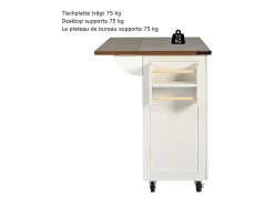 Isla central de cocina 4 puertas 2 cajones en MDF, con mesa plegable y 5 ruedas, Blanco - 140x45/73x93cm