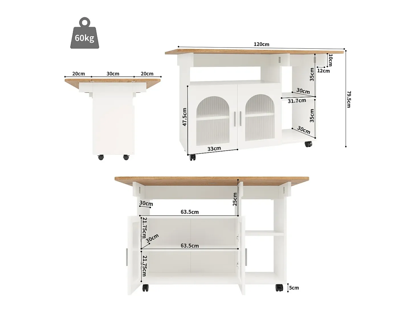 Isla Central de cocina 2 puertas y 3 estantes, con ruedas giratorias, mesa plegable, 120x30/70x79.5 cm, blanco