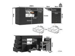 Isla central de cocina - Tablero extensible - 140x70x89cm - 3 puertas y 6 cajones - con taburetes - MDF - Negro
