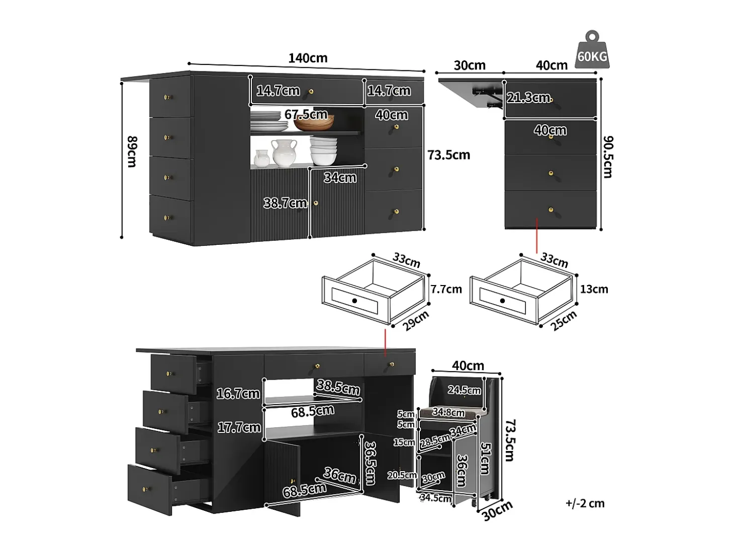 Isla central de cocina - Tablero extensible - 140x70x89cm - 3 puertas y 6 cajones - con taburetes - MDF - Negro