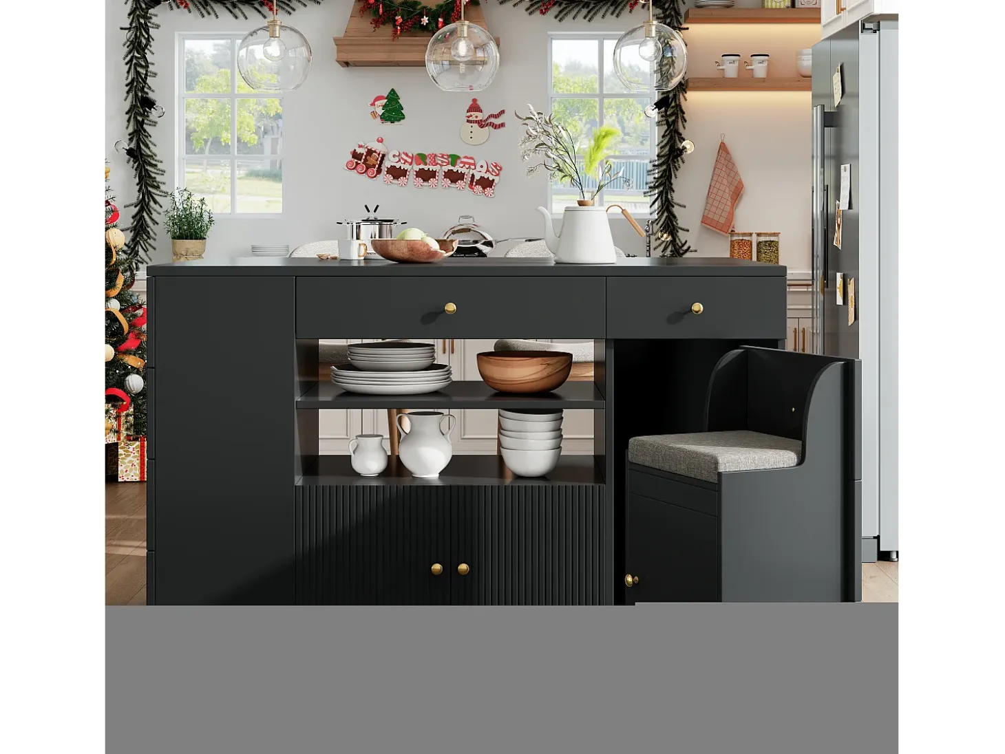 Isla central de cocina - Tablero extensible - 140x70x89cm - 3 puertas y 6 cajones - con taburetes - MDF - Negro