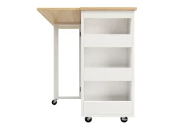 Isla central de cocina con estante para vino 2 cajones y 2 puertas - 2 enchufes - Blanco+natural - 131.5x43/76x90.7cm