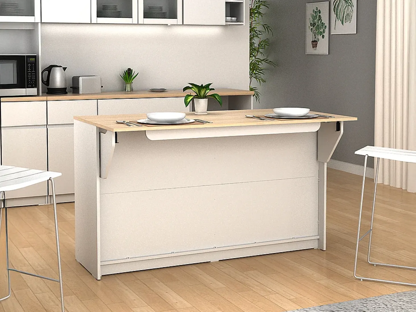 Isla central de cocina con 2 puertas - Blanco y roble - BENITA