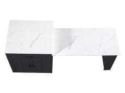 Isla central de cocina con 2 puertas y 2 cajones - Tablero extensible - Encimeras de mármol artificial - 133(202)x59x93,5 cm - Para 2 a 6 personas - Negro + Blanco