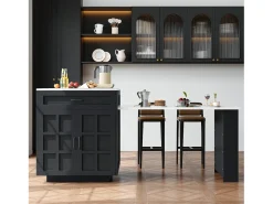 Isla central de cocina con 2 puertas y 2 cajones - Tablero extensible - Encimeras de mármol artificial - 133(202)x59x93,5 cm - Para 2 a 6 personas - Negro + Blanco
