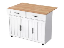 Isla central de cocina móvil - Tablero extensible - 2 cajones + puertas de armario para almacenamiento - Blanco
