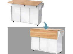 Isla central de cocina móvil - Tablero extensible - 2 cajones + puertas de armario para almacenamiento - Blanco