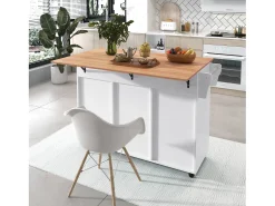 Isla central de cocina móvil - Tablero extensible - 2 cajones + puertas de armario para almacenamiento - Blanco