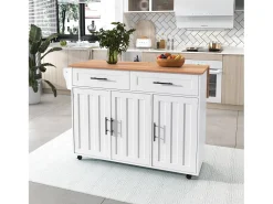 Isla central de cocina móvil - Tablero extensible - 2 cajones + puertas de armario para almacenamiento - Blanco