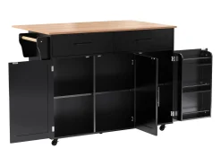 Isla central de cocina móvil - Tablero extensible - 2 cajones + puertas de armario para almacenamiento - Negro