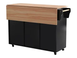 Isla central de cocina móvil - Tablero extensible - 2 cajones + puertas de armario para almacenamiento - Negro