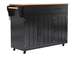 Isla central de cocina móvil - Tablero extensible - 2 cajones + puertas de armario para almacenamiento - Negro