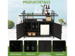 Isla central de ratán beige con 2 puertas, estilo bohemio natural con 2 estantes, con ruedas para fácil desplazamiento, ideal para terraza o jardín