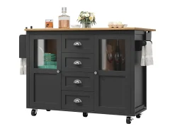 Isla central extensible - 137,9 x 45/73 x 93 cm - carro con ruedas + 2 puertas + 4 cajones - MDF + Metal - negro