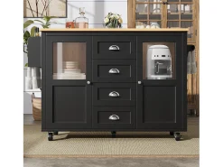 Isla central extensible - 137,9 x 45/73 x 93 cm - carro con ruedas + 2 puertas + 4 cajones - MDF + Metal - negro