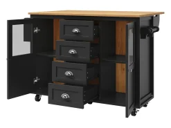 Isla central extensible - 137,9 x 45/73 x 93 cm - carro con ruedas + 2 puertas + 4 cajones - MDF + Metal - negro