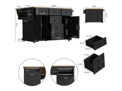 Isla central extensible - 147 x 44/70 x 93 cm - mueble móvil con 6 cajones + 2 puertas - MDF + metal - negro