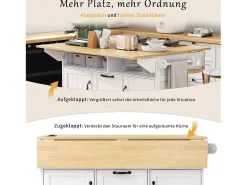 Isla central extensible con ruedas - 120 x 40/60/80 x 92 cm - con 2 puertas + 2 cajones - MDF - negro + natural