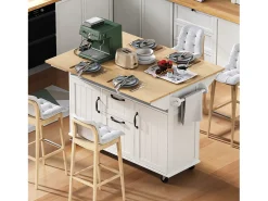 Isla central extensible con ruedas - 120 x 40/60/80 x 92 cm - con 2 puertas + 2 cajones - MDF - negro + natural