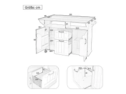 Isla central extensible con ruedas - 120 x 40/60/80 x 92 cm - con 2 puertas + 2 cajones - MDF - negro + natural
