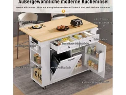 Isla central extensible con ruedas - 120 x 40/70 x 92 cm - con 2 puertas + 2 cajones - MDF - blanco + natural
