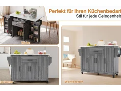 Isla central móvil con encimera extensible + 2 cajones + 4 puertas - 136 x 45/70 x 92 cm - MDF - gris