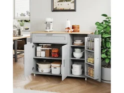 Isla central móvil con encimera abatible - 132,5 x 44 /70 x 90 cm - con 3 puertas + 1 cajón - MDF - gris
