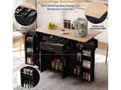 Isla central móvil con encimera extensible + 2 cajones + 4 puertas - 136 x 45/70 x 92 cm - MDF - negro