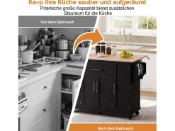 Isla central móvil con encimera extensible + 2 cajones + 4 puertas - 136 x 45/70 x 92 cm - MDF - negro