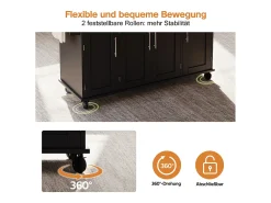 Isla central móvil con encimera extensible + 2 cajones + 4 puertas - 136 x 45/70 x 92 cm - MDF - negro