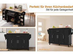 Isla central móvil con encimera extensible + 2 cajones + 4 puertas - 136 x 45/70 x 92 cm - MDF - negro