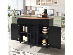 Isla central móvil con mesa plegable, 3 puertas y 2 cajones de almacenamiento - Negro