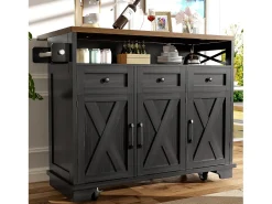 Isla central negra con encimera efecto madera, 3 cajones de almacenamiento y 3 puertas
