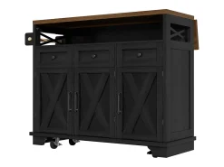 Isla central negra con encimera efecto madera, 3 cajones de almacenamiento y 3 puertas