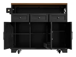 Isla central negra con encimera efecto madera, 3 cajones de almacenamiento y 3 puertas