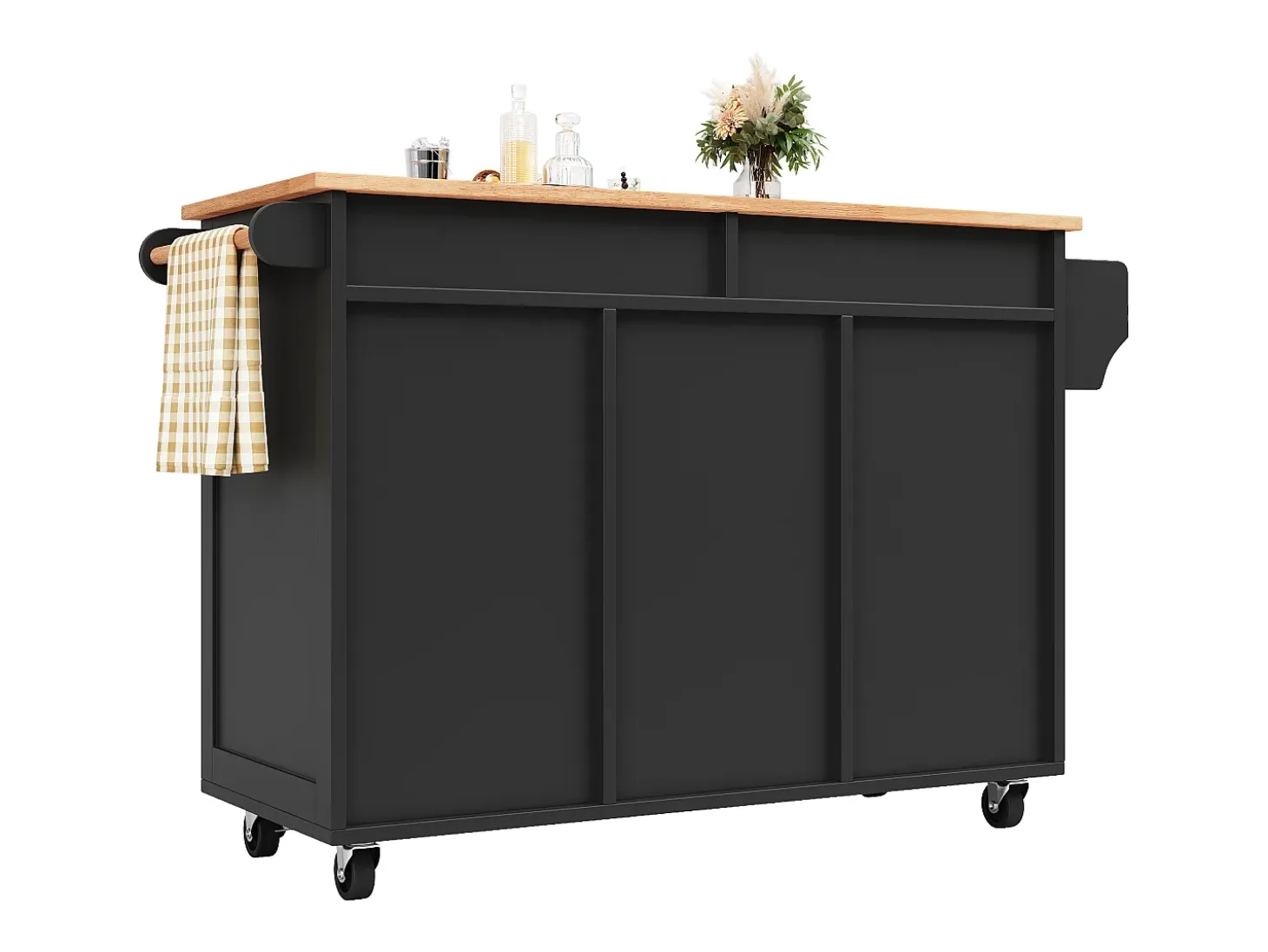 Isla de cocina 102 × 45 × 92 cm - Carrito de servicio con ruedas, 2 puertas y 2 cajones - Negro