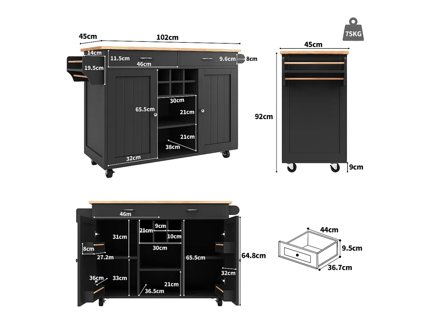Isla de cocina 102 × 45 × 92 cm - Carrito de servicio con ruedas, 2 puertas y 2 cajones - Negro