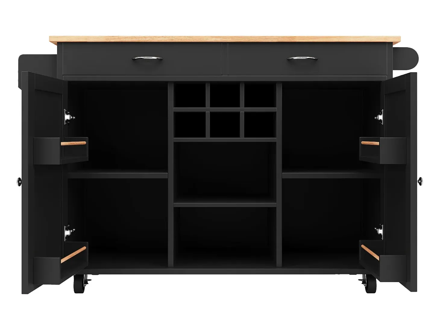 Isla de cocina 102 × 45 × 92 cm - Carrito de servicio con ruedas, 2 puertas y 2 cajones - Negro