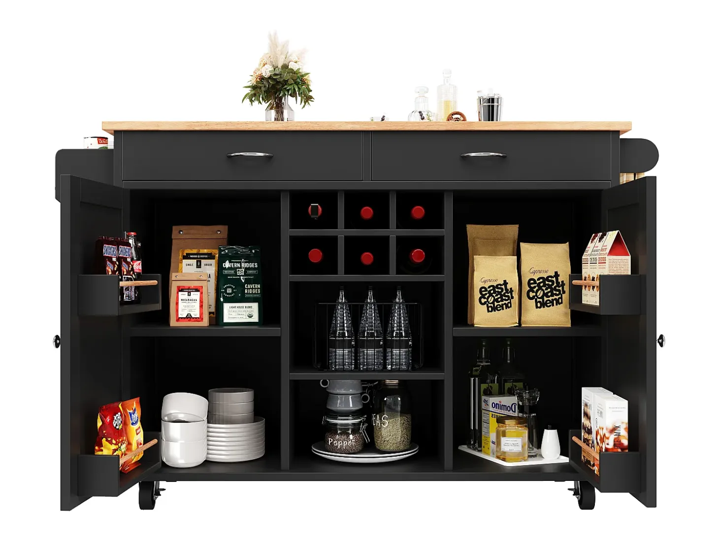 Isla de cocina 102 × 45 × 92 cm - Carrito de servicio con ruedas, 2 puertas y 2 cajones - Negro